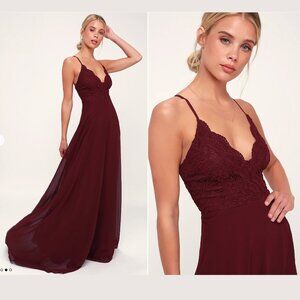 Lulus Madalyn‎ Burgundy Lace Maxi Dress S Gown Wedding Bridesmaid Maroon